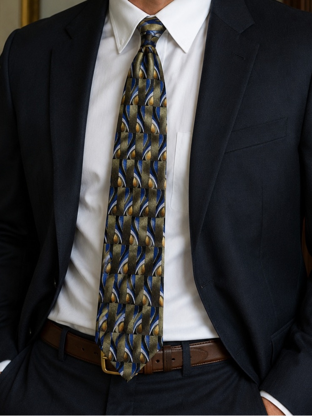 Joseph & Feiss International Silk Tie Mens 4” Wide Abstract Geometric Blue Gold